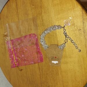 Crystal Clear Chip Gemstone Kumihimo Bracelet With Crystal Glass Cross Charm.